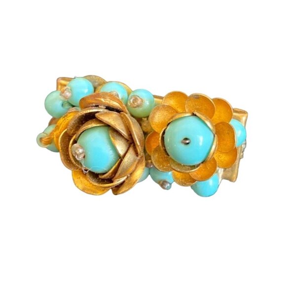 Vintage Gold & Turquoise Floral Bead Brooch Pin - Picture 4 of 4